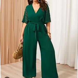 Chic Teal Jumpsuit with Sheer Sleeves